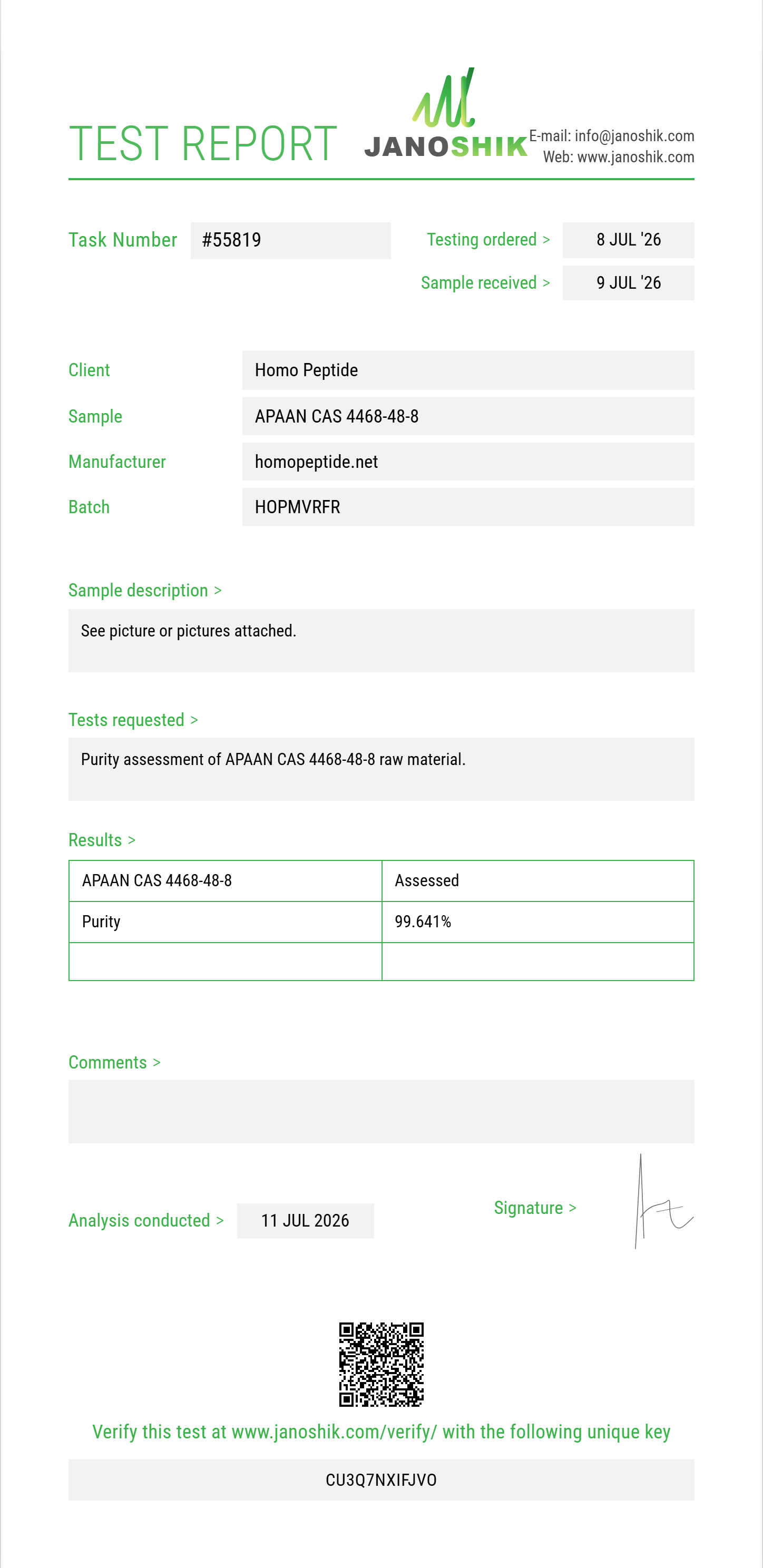 APAAN (alpha-phenylacetoacetonitrile) CAS 4468-48-8 Purity (HPLC) report by Janoshik Analytical