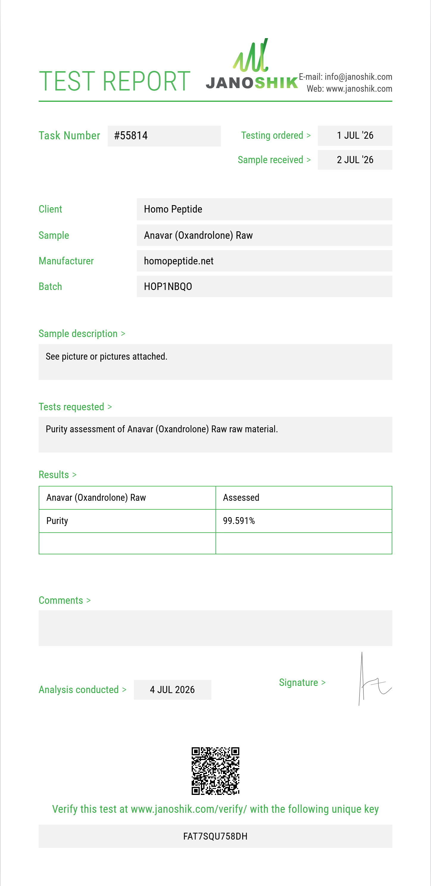 Anavar (Oxandrolone) Raw Purity (HPLC) report by Janoshik Analytical