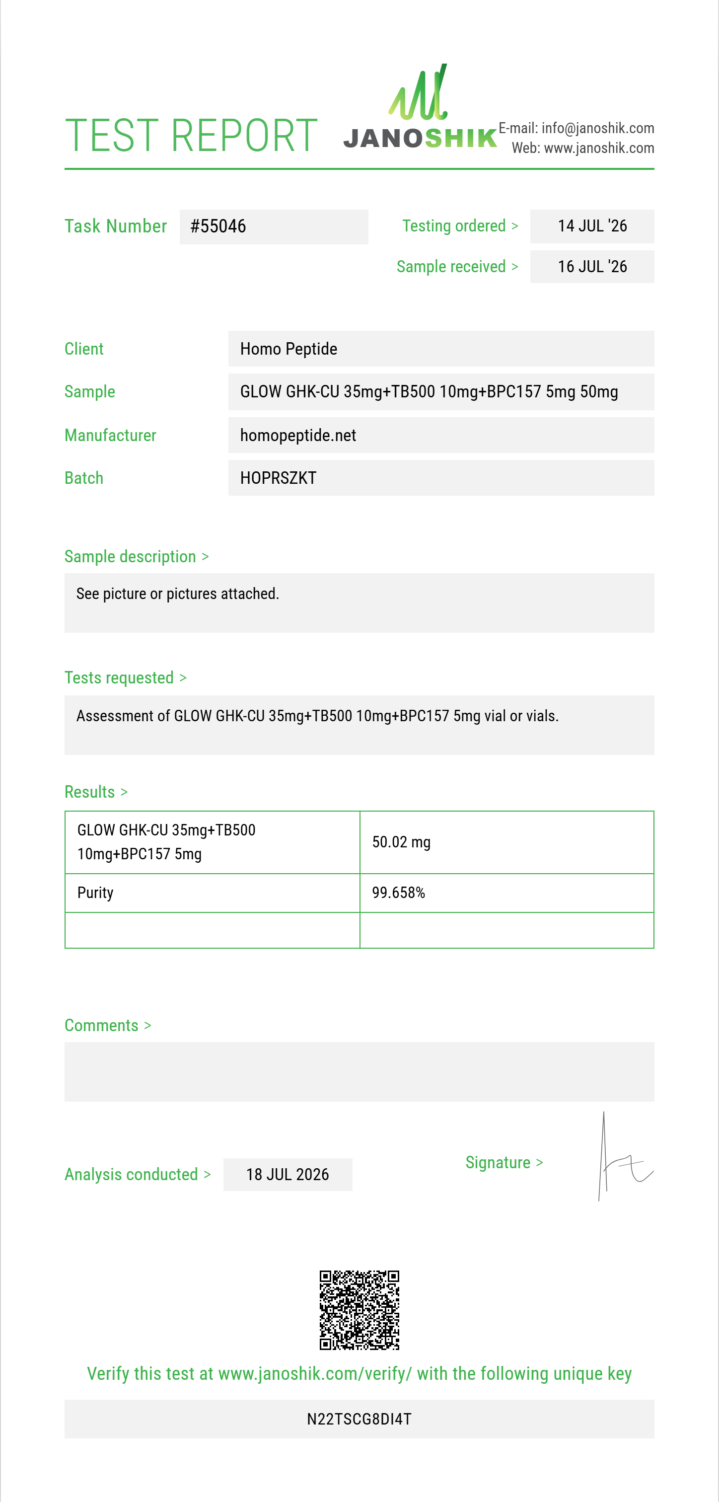 GLOW GHK-CU 35mg+TB500 10mg+BPC157 5mg Purity (HPLC) report by Janoshik Analytical