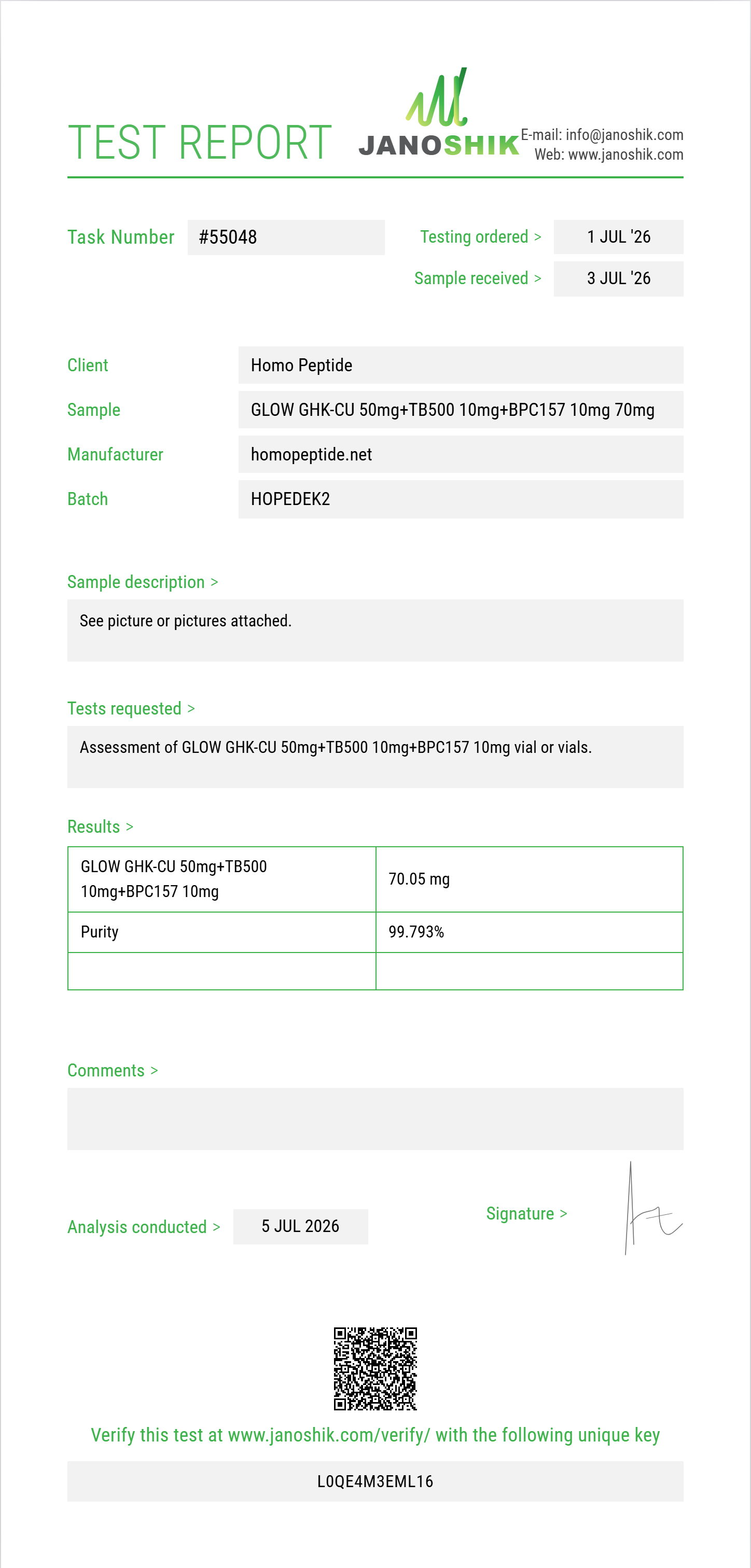 GLOW GHK-CU 50mg+TB500 10mg+BPC157 10mg Purity (HPLC) report by Janoshik Analytical
