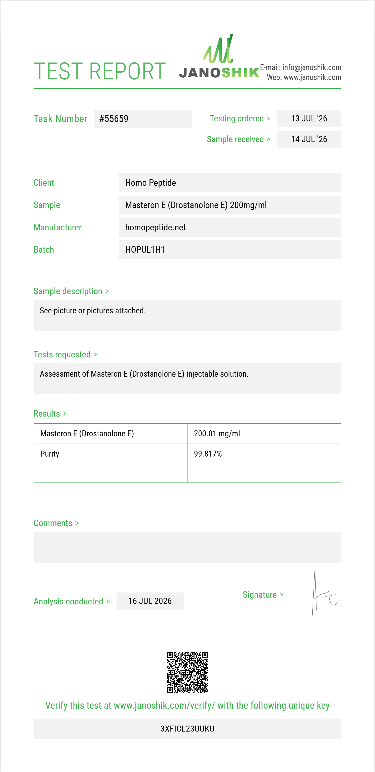 Masteron E (Drostanolone E) Purity (HPLC) report by Janoshik Analytical