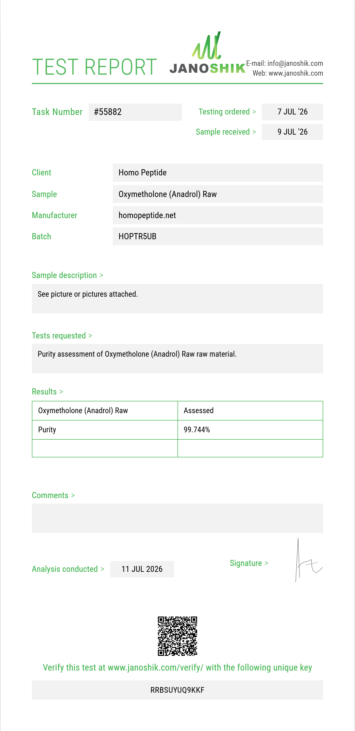 Oxymetholone (Anadrol) Raw Purity (HPLC) report by Janoshik Analytical