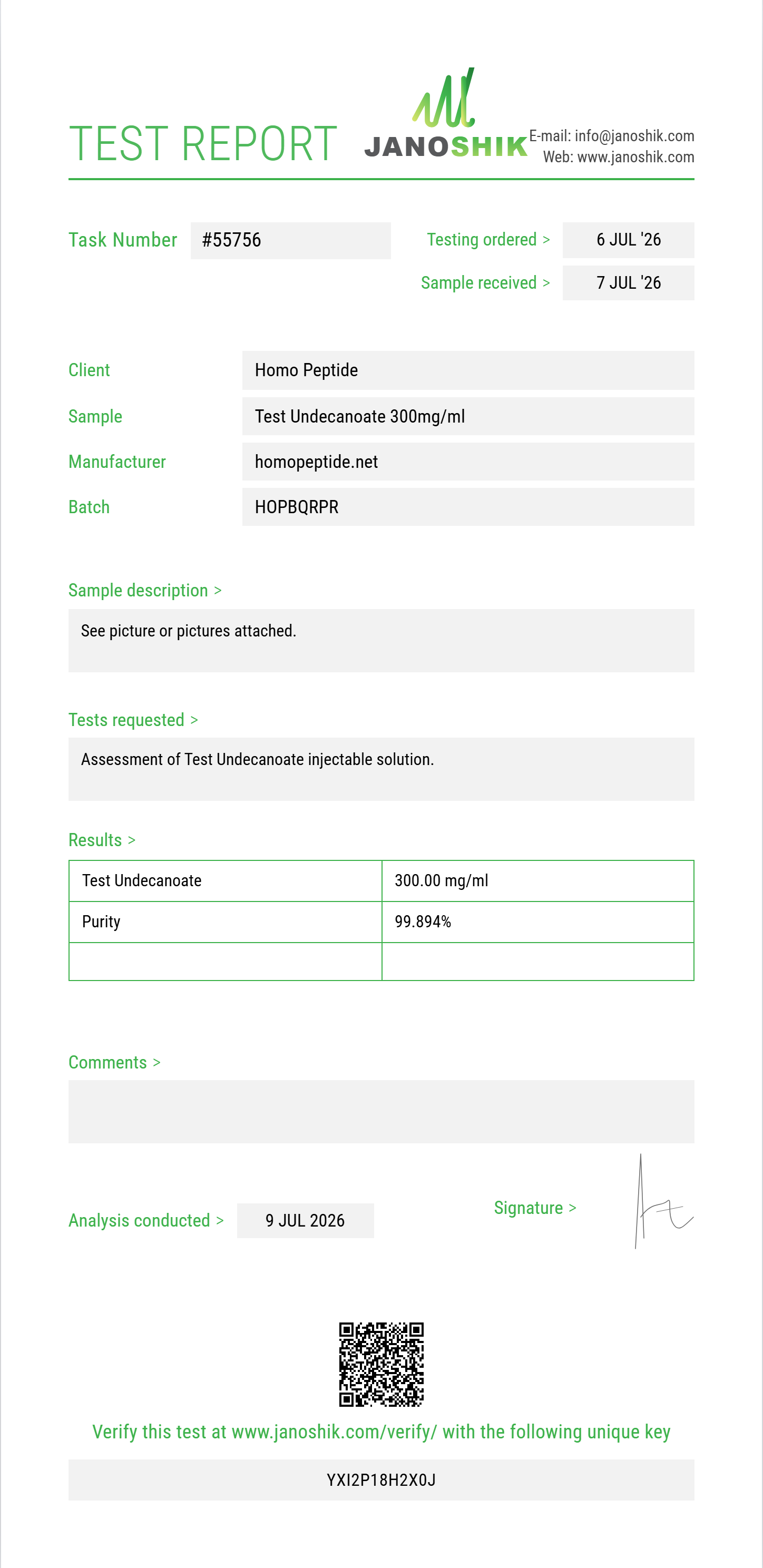 Test Undecanoate Purity (HPLC) report by Janoshik Analytical