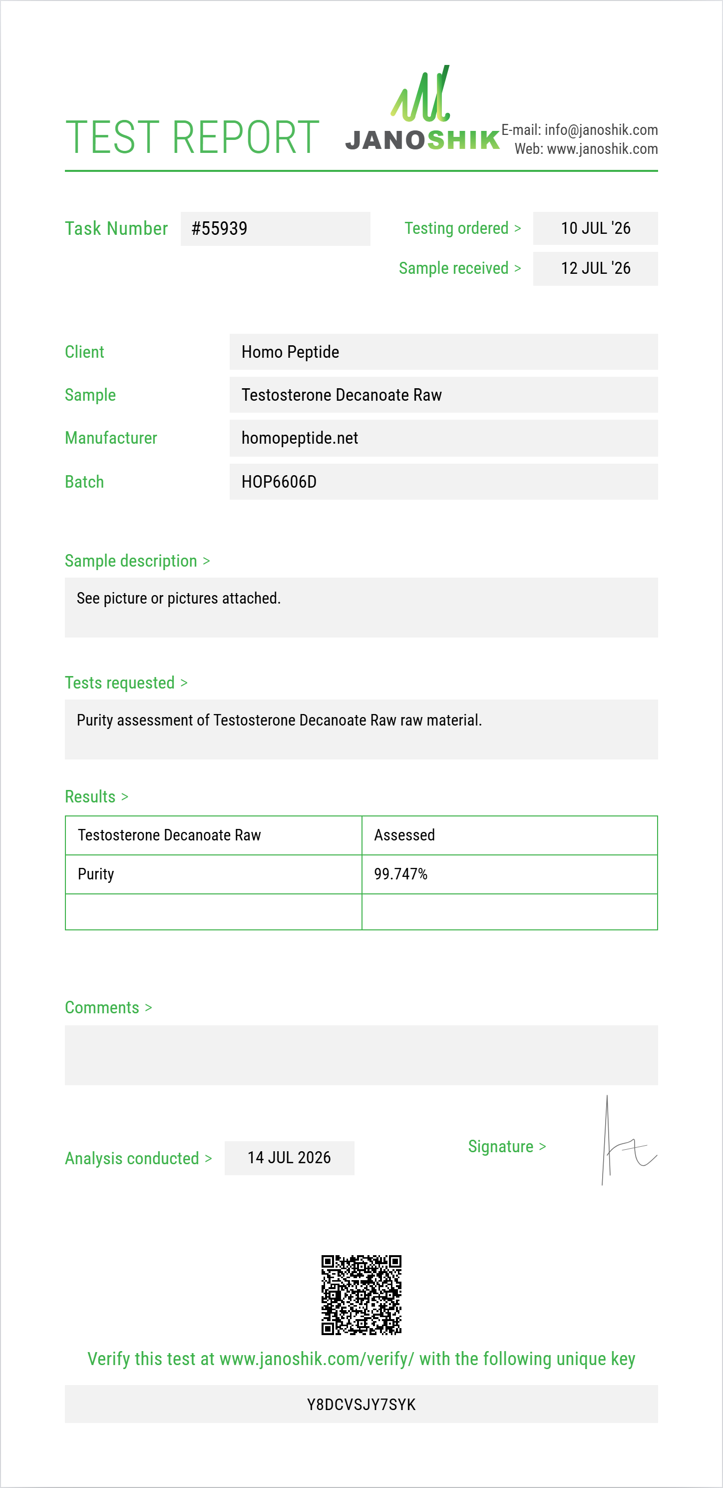Testosterone Decanoate Raw Purity (HPLC) report by Janoshik Analytical