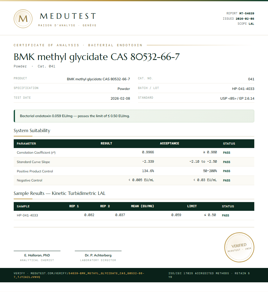 BMK methyl glycidate CAS 80532-66-7 Endotoxin report by Medutest