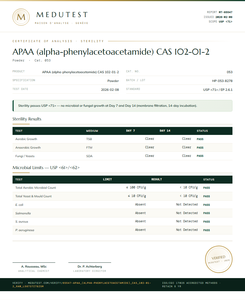 APAA (alpha-phenylacetoacetamide) CAS 102-01-2 Sterility report by Medutest
