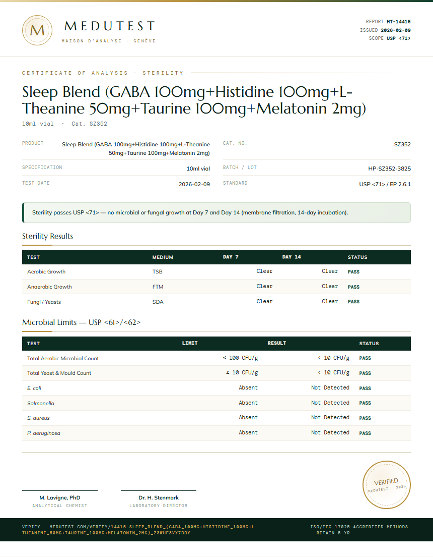Sleep Blend (GABA 100mg+Histidine 100mg+L-Theanine 50mg+Taurine 100mg+Melatonin 2mg) Sterility report by Medutest