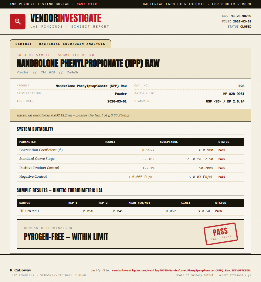 Nandrolone Phenylpropionate (NPP) Raw Endotoxin report by VendorInvestigate