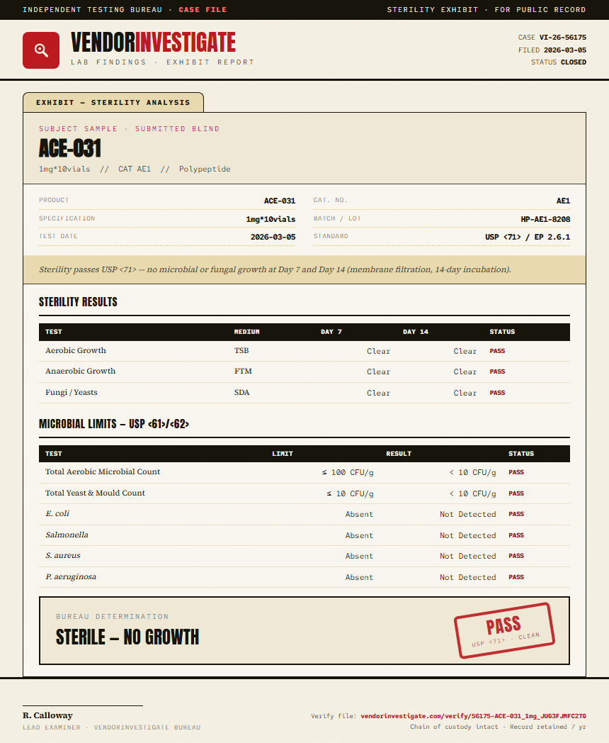 ACE-031 Sterility report by VendorInvestigate